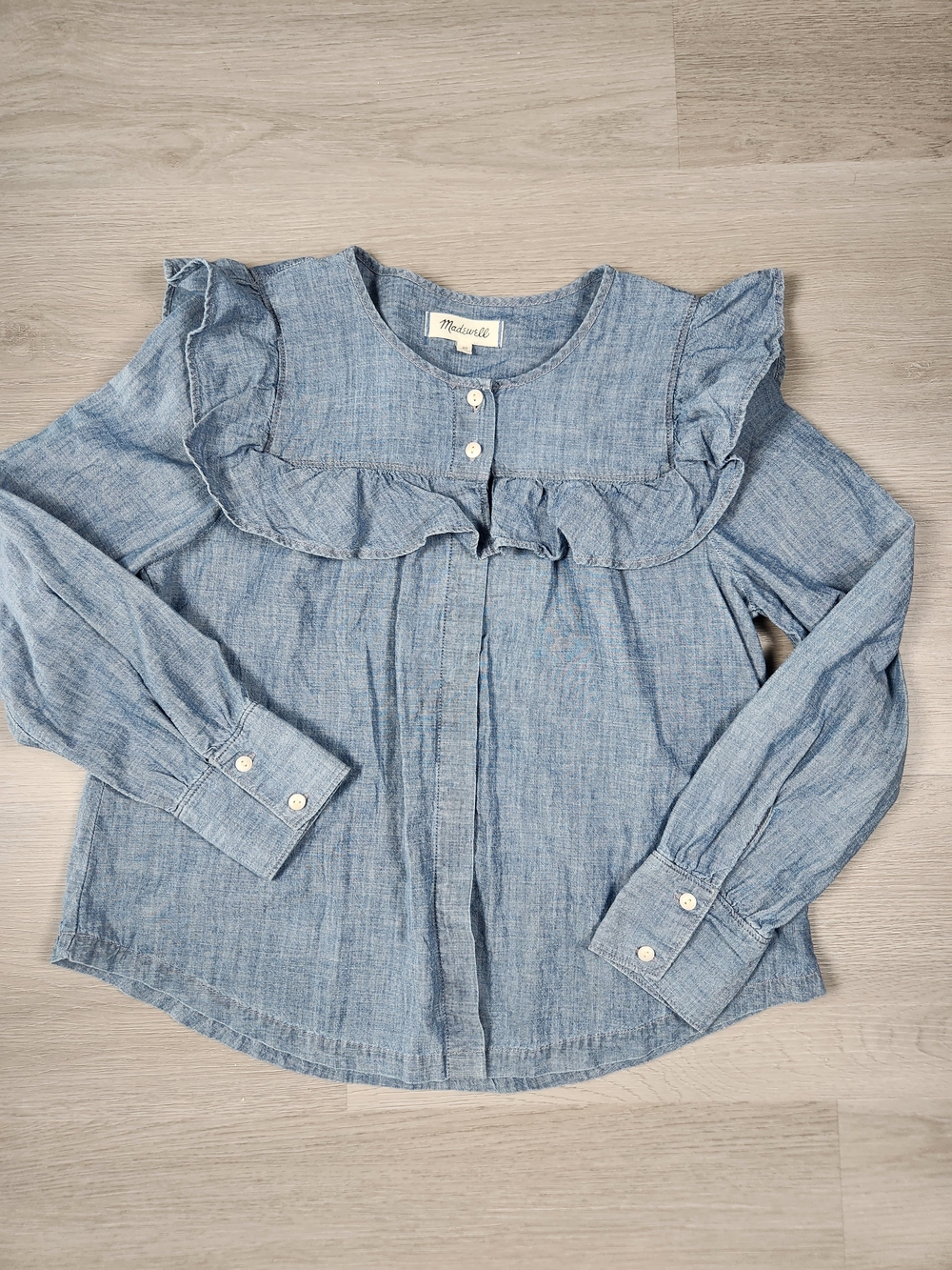 Madewell Light Blue Ruffle-Trim Chambray Blouse